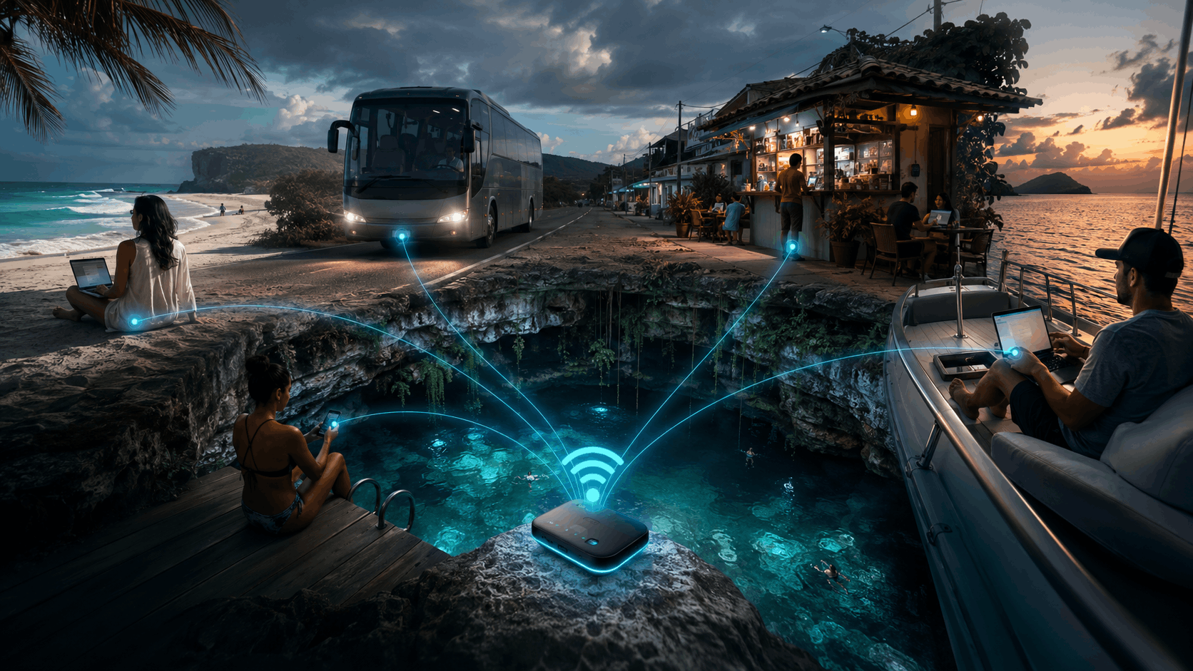Ejemplo de RedPortatil conectando distintos escenarios como playa, vehículo, embarcación y punto comercial